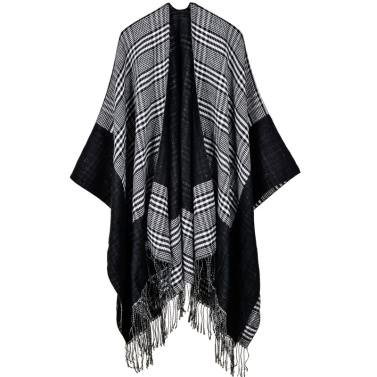 Vintage Women Knitted Shawl Poncho Faux Cashmere Plaid Check Tassel Oversized Warm Long Winter Cape